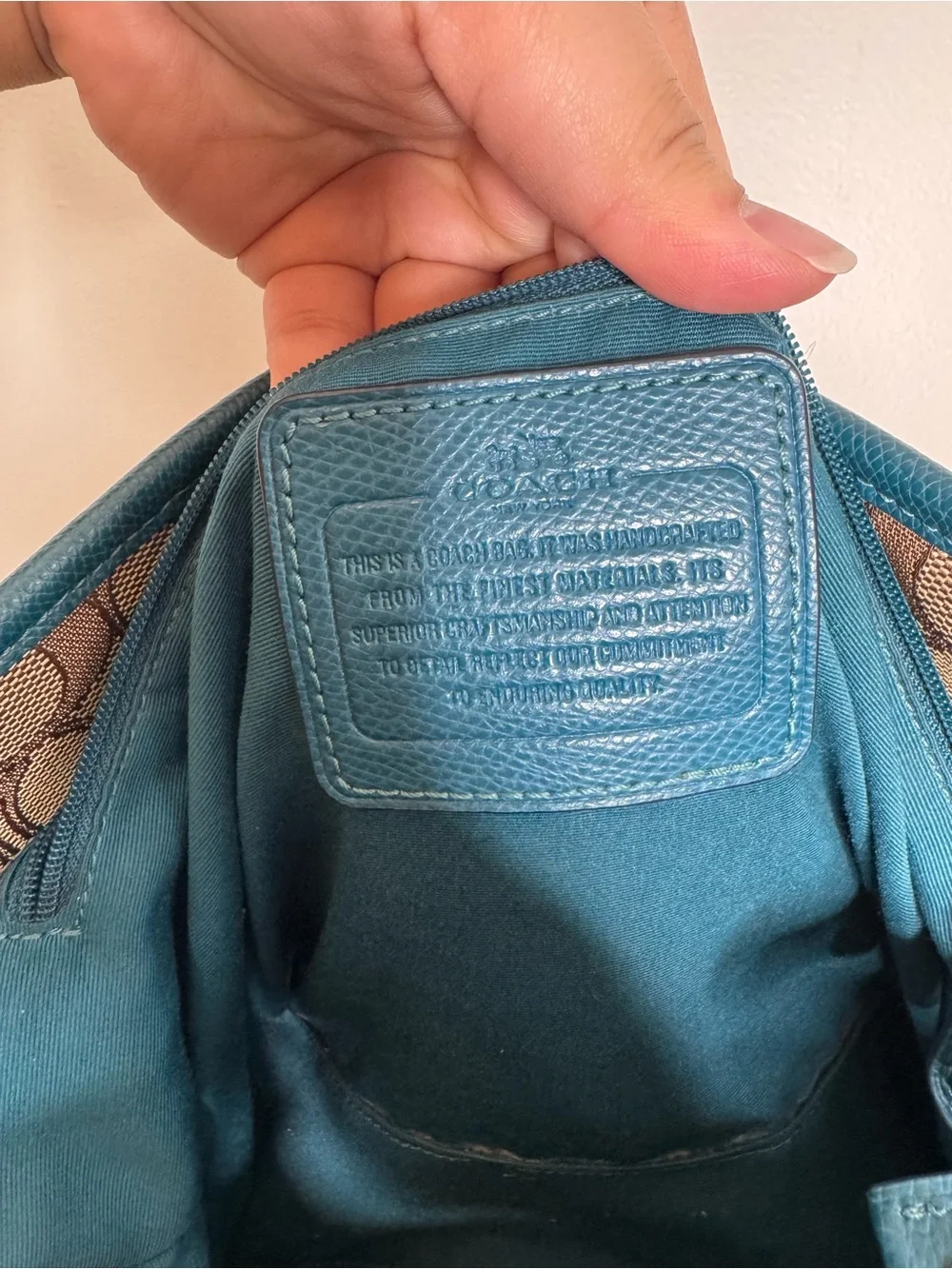 Coach Signature Canvas Tote with Teal Leather Trim